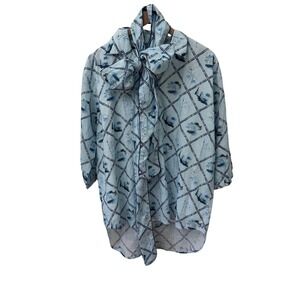 Holly Shae Design Tunic OS Blue Chinoiserie Trellis Pattern High Low with Scarf